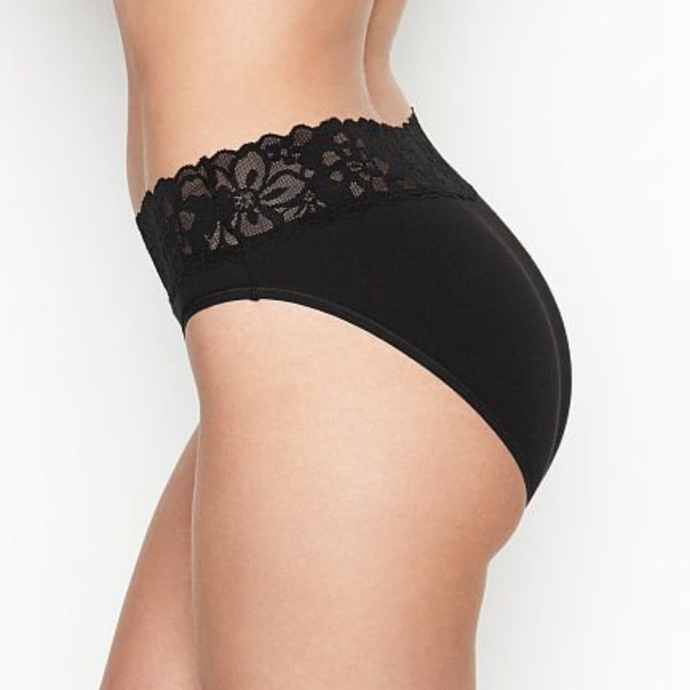 Victoria Secret Lace Waist Cotton High Leg Brief Pantie Super Soft stretch Black